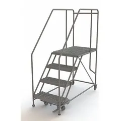 Steel rolling platform with fixed 3.3 ft height, 24 in x 35 in deck, and 800 lb load capacity. Includes handrails and foot-activated step lock for secure positioning. Gray finish. Suitable for elevated maintenance, assembly, and warehousing tasks.