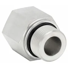 Steel adapter with 22 mm male threaded x 1/2 in female NPT threaded connection. Rated for maximum operating pressure of 3,500 psi. Used in high-pressure fluid power systems to connect metric male threads to NPT ports.