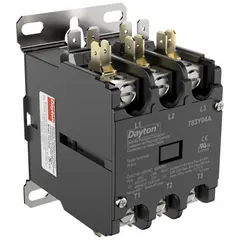 Three-pole non-reversing definite purpose contactor with 3NO main contacts, rated 25 A at 600V AC maximum. Coil voltage 120V AC. Box lug terminals for secure wiring. Through-panel mounting. Suitable for switching three-phase loads in HVACR equipment such as compressors, condenser fans, and air handlers.