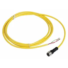Single-ended cordset with a 1/2"-20 female straight connector and bare wire termination. Features 3 pins, yellow PVC jacket, 18 AWG wire, 2 m cable length, 4 A max current, and IP67 rating. Used for connecting sensors and actuators in industrial automation applications requiring reliable signal and power transmission.