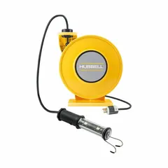 Self-retracting cord reel with ratchet lock for secure cord positioning. Includes 35 ft of 16 AWG SJO cord with a 5-15P NEMA plug. Suitable for organizing power cords in workshops, warehouses, and maintenance areas.