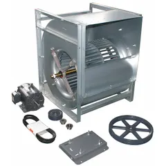 This belt-drive blower includes a drive pack and is powered by a 5 hp, 230/460V AC, three-phase open dripproof motor. It is suited for industrial air movement in ventilation, exhaust, and process air systems requiring moderate to high static pressures.