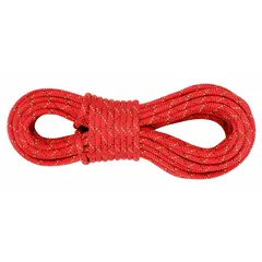 Static kernmantle rope with 3/8 in diameter, constructed of nylon in red. Working load limit of 650 lb. Used for rigging, climbing, and industrial work positioning where shock absorption is required.