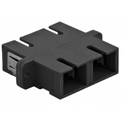 SC duplex fiber optic adapter with screw-in flange mounting for secure panel or enclosure installation. Black housing, sold in a 6-pack. Used to connect two SC duplex fiber optic cables in structured cabling systems.