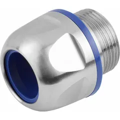 Stainless steel straight cable grip with M16 box connection, accepting cord diameters from 7.00 mm to 9.00 mm. IP68 rated for dust and water ingress protection. Suitable for use in environments requiring hygienic design and corrosion resistance.