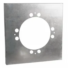 Galvanized steel base adapter plate that adapts a 17-7/8 in round base to a 19 in square base for upblast fans. Includes (6) bolts for installation. Used in industrial ventilation systems to mount a round-base fan onto a square roof curb.