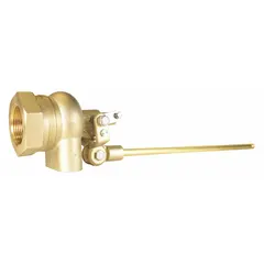 This float valve assembly is designed for water level control in tanks and reservoirs. It features a brass angle valve body for horizontal piping with a 1-1/2" FNPT inlet, adjustable arm, and 3/8"-16 rod thread. Flow rate is 180 gpm at 85 psi. Supplied as rod only; float not included.
