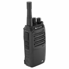UHF analog two-way radio with 2 W output and 16 channels. Black housing, no display, 24-hour battery life. Requires FCC license for operation. Suitable for short-range coordination in business and industrial environments.