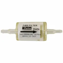 Disposable compressed air filter with polyurethane body and 1/4 in barb connection. Provides 0.6 micron filtration at 99.99% efficiency, with a maximum operating pressure of 125 psi. Used in pneumatic systems, instrumentation, and spray-painting equipment to remove particulates and moisture from compressed air lines.