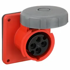 Watertight pin and sleeve receptacle rated 125/250V AC, single phase, 20 A, with 3 poles and 4 wires. Suitable for industrial power connections in environments requiring a weather-resistant enclosure.