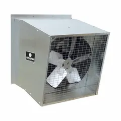 This belt-drive slant-wall exhaust fan features a 48-inch galvanized steel blade driven by a 1 1/2 hp totally enclosed motor, delivering 24,000 cfm at 208 to 230V AC, single-phase. The galvanized steel frame and finish provide corrosion resistance. Typical applications include high-volume air removal in industrial facilities, warehouses, and commercial buildings.