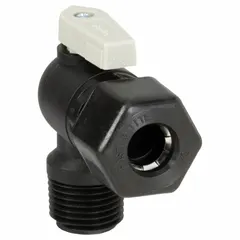 Manual two-way ball valve with polypropylene body and full-port ball port. Angle configuration with Sweat x MNPT connections. Lever handle. NSF 51 compliant for potable water and food-contact applications.