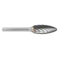 Flame-shaped carbide bur with Inox-Cut geometry for material removal on stainless steel and tough alloys. Head measures 5/16" x 3/4", shank 1/4". Trade number SH-2. Used for deburring, shaping, and contouring in industrial machining