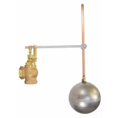 This float valve assembly automatically controls water levels in tanks, reservoirs, and cooling towers. It features a bronze angle valve body with FNPT inlet and outlet connections, an adjustable arm, and horizontal piping mounting. The assembly includes a float and rod, with a 1/4" NPT rod thread, and delivers a flow rate of 125 gpm at 60 psi for water media.