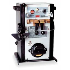 This blade welder operates on 240V AC with a 4.2 kVA power rating and 20 A current draw. It is designed to weld blades with thicknesses from 0.020 in to 0.035 in. Typical applications include joining metal blades in industrial cutting and machining operations.