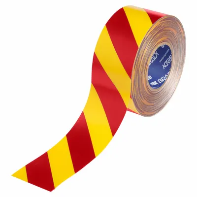 BRADY Floor Marking Tape: Striped, Red/Yellow, 3 in x 100 ft, 22 mil Tape Thick - Extra-Durable Floor Marking Tape