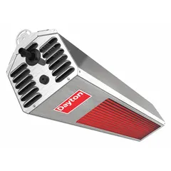 This suspended infrared heater is designed for outdoor use only, providing 34,000 BtuH input to warm people and objects directly. It features a stainless steel silver housing and offers floor coverage of 8 x 8 ft at minimum mounting height. Suitable for commercial or residential patios, restaurants, and outdoor workspaces.