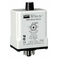 Socket-mounted time delay relay with off-delay function. Rated 240V AC and 10 A with 11 pins/terminals. Used in industrial control panels to delay de-energization of a load after power removal, suitable for motor sequencing, conveyor systems, and HVAC equipment.