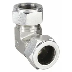 Steel double-ferrule compression fitting elbow with 1 in OD tubing connections and 1 5/16-20 thread size. Designed for leak-proof metal-to-metal sealing in hydraulic and pneumatic systems, instrumentation, and process control applications. Compatible with Parker A-LOK fitting brands.