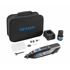 This cordless rotary tool features variable speed control with a maximum speed of 35,000 RPM. It includes one 2.0 Ah battery and a charger, with collet sizes of 1/8 in and 1/16 in. Suitable for cutting, grinding, sanding, polishing, and engraving in metalworking, woodworking, and general DIY tasks.