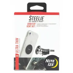 This vent-mount car kit holds Apple MagSafe-compatible mobile devices. Constructed from impact-resistant aluminum in black, it includes a vent mount for hands-free use while driving.