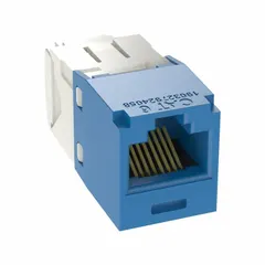 PANDUIT CJ688TGBU-24 is a Category 6 RJ45 jack module for copper cabling. It features a single port and is blue in color. This module is used in structured cabling systems to terminate horizontal cable runs at wall plates or patch panels, enabling network connectivity. Sold in a pack of 24 units.