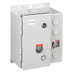This enclosed non-reversing starter with electronic overload is designed for three-phase motor control. It features NEMA Size 1, 27 A rating, 3 poles, and a 208V AC coil. Includes a pilot light and auxiliary contacts (1NO/1NC). Suitable for industrial applications such as conveyors, pumps, and compressors.
