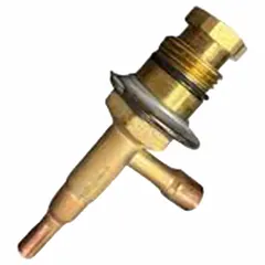 Thermostatic expansion valve for R-404A refrigerant with 1 ton nominal capacity and 3/8 in female connection. Used in refrigeration systems to regulate refrigerant flow into the evaporator for precise metering.