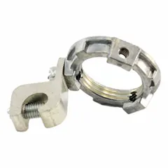 Zinc grounding locknut for rigid threaded conduit (RMC/IMC). Non-insulated design provides a conductive connection between conduit and enclosures. Used to secure conduit and establish a grounding path in electrical installations.