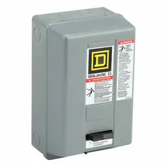 This enclosed non-reversing starter is designed for three-phase motor control in industrial environments such as conveyors, pumps, and compressors. It features a NEMA Size 0 rating at 18 A, a 480V AC coil, and three poles. The unit uses screw clamp terminals and requires three melting alloy thermal units (not included) for overload protection. No operator controls, pilot light, or auxiliary contacts are included.