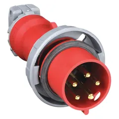 Watertight plug rated for 277/480V AC, three-phase, 30 A, with 4 poles and 5 wires. Features IEC grounding and is designed for secure electrical connections in industrial environments requiring reliable power delivery.