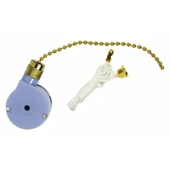 SPDT pull chain switch with On/Off function. Brass metal finish. Used for controlling lighting or other electrical loads in industrial and commercial settings where pull chain operation is preferred.