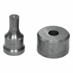 Round punch and die set for creating 14 mm diameter holes in metal. Compatible with ironworker sizes 55, 65, 100, and 120 ton. Used in structural steel fabrication and heavy manufacturing.