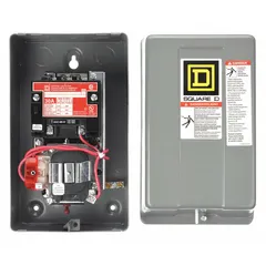 This enclosed mechanically held lighting contactor from SQUARE D features 3 poles rated for 30 A at 120V AC. It is used for remote switching of large lighting loads in commercial and industrial applications, providing reliable on/off control for lighting circuits.
