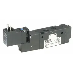 This Parker B Series solenoid-operated inline valve is a four-way, two-position, single-solenoid, spring-return valve with a 24V DC coil. It features a DIN solenoid connector, internal pilot operation, and a non-locking manual override. Used to direct compressed air in pneumatic systems for actuating cylinders and other devices.