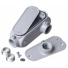 Aluminum conduit outlet body with threaded connections, type LB/LL/LR/T, 3/4 in trade size, 10 cu in capacity. Used as a pull point or junction in rigid or IMC conduit runs, allowing direction changes or access for wire pulling in electrical systems.
