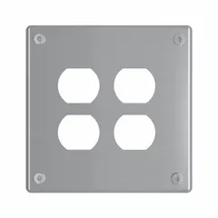 2-gang, jumbo-size duplex outlet wall plate made of stainless steel with a silver finish. Includes Torx security screws for tamper-resistant installation. Suitable for covering oversized electrical boxes in commercial and industrial settings.