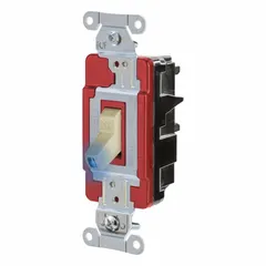 This illuminated toggle wall switch is a 3-way, maintained type rated for 120/277V AC and 20 A. The ivory finish and built-in illumination provide visual status indication. It is used for controlling a single load from two locations in commercial and industrial settings, such as stairwells, hallways, and large rooms.