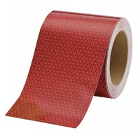 Red reflective tape with acrylic adhesive, 6 inches wide and 50 feet long. Designed for emergency vehicle applications to improve visibility. Suitable for marking construction, emergency, and utility vehicles