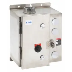 Enclosed non-reversing starter with electronic overloads, 3 poles, NEMA Size 0, 18 A rating, 120V AC coil. Includes pilot light and auxiliary contacts 1NO/1NC. Suitable for starting and protecting three-phase motors in industrial motor control applications.