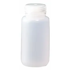 HDPE wide mouth round lab bottle with 120 mL (4 fl oz) capacity. Natural translucent body. Includes polypropylene closure with 38-415 neck finish. Not graduated. Suitable for general laboratory liquid handling and storage.