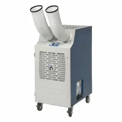 This heavy-duty portable air conditioner provides 22,900 BtuH of cooling capacity for indoor spaces. It operates on 230V AC and includes an air filter. Suitable for spot cooling in commercial or industrial environments.