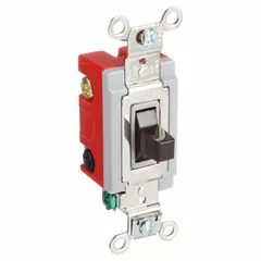 This HUBBELL toggle wall switch is a single-pole/double-throw momentary type rated 120/277V AC and 20 A. The brown, non-illuminated switch is suited for industrial and commercial applications requiring momentary contact, such as controlling motor starters or signaling circuits.