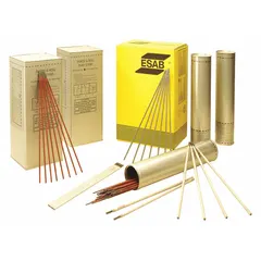 Low-alloy steel E7010-P1 stick electrode, 7/32 in diameter by 18 in length, 50 lb package. Provides tensile strength of 80 to 89 ksi and yield strength of 60 to 69 ksi. Used for welding pipelines, structural steel, and pressure vessels, delivering deep-penetrating welds on high-strength steels.