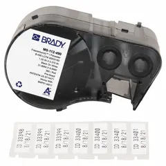 Thermal transfer precut label roll cartridge containing rectangle labels made of cryogenic autoclavable polyester. Each label measures 3/8 in x 1 1/4 in. Designed for use with the BMP51 printer series. Suitable for labeling vials or tubes with a size of 0.5 to 0.7 mL in laboratory or cryogenic storage applications.