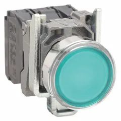 This illuminated flush-mount push button from the XB4 series features a metallic construction and momentary action. With a 22 mm mounting diameter and 1NO/1NC contact configuration, it is suited for operator input and status indication in industrial control panels and automation systems.