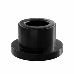 This flanged sleeve bearing is made of black PEEK plastic for low-friction, self-lubricating operation. It has a 3/8 in bore, 5/8 in OD, and 1/2 in overall length. The flanged design aids axial location in applications such as conveyors, packaging machinery, and light-duty industrial equipment. Sold in a pack of 3.