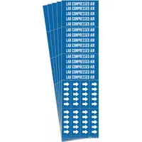 Blue adhesive pipe marker with white legend text reading 'Lab Compressed Air'. Fits pipe outer diameter of 3/4 inch and smaller. Includes directional arrows. Pack of 5. Used to identify compressed air lines in laboratory and facility piping systems