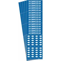 Blue adhesive pipe marker with white legend text reading 'Lab Compressed Air'. Fits pipe outer diameter of 3/4 inch and smaller. Includes directional arrows. Pack of 5. Used to identify compressed air lines in laboratory and facility piping systems.