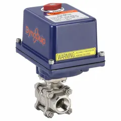 This two-way ball valve features a stainless steel body for corrosion resistance and is electrically actuated for automated on/off flow control. It operates on 120V AC and includes an ISO 5211 actuator mounting pad and manual override for local backup. Suitable for industrial piping systems requiring remote operation.